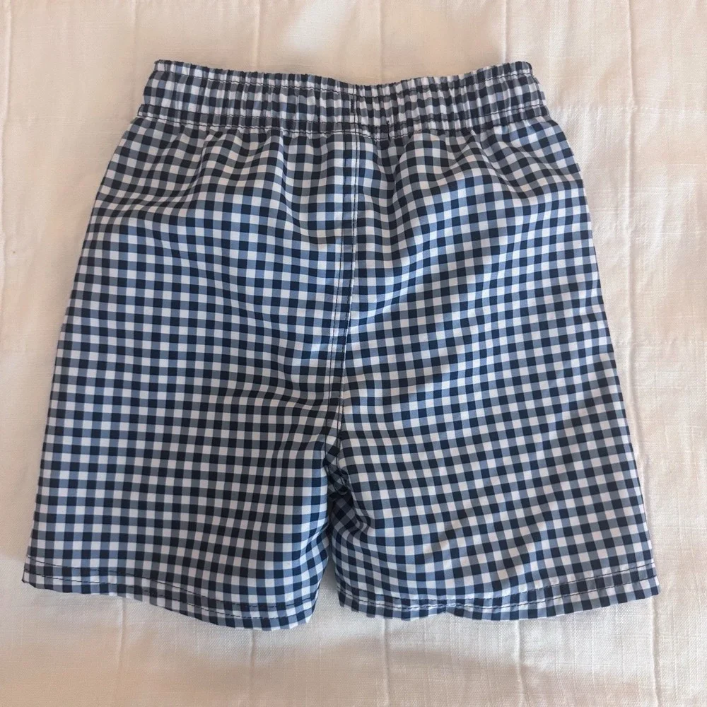 RuggedButts Boys 3T Gingham Swim Trunks Navy Ue White Lined Preppy EUC